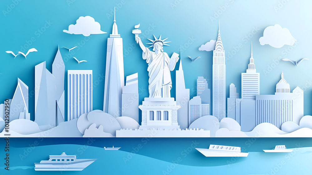 USA travel vector illustration. American city famous landmark background in paper cut art style. USA travel vector illustration. American city famous landmark background in paper cut art style.