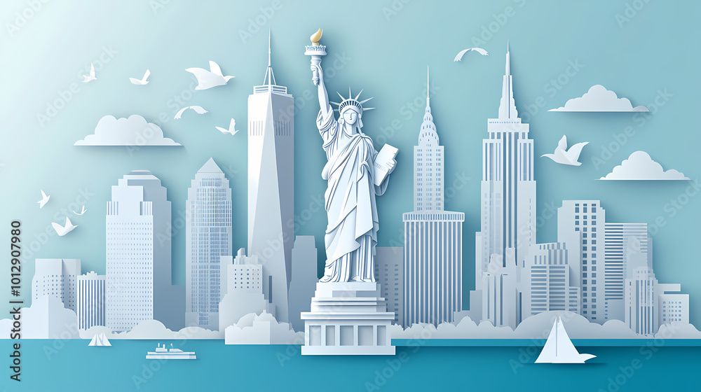 USA travel vector illustration. American city famous landmark background in paper cut art style. USA travel vector illustration. American city famous landmark background in paper cut art style.