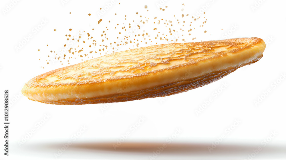 A light and fluffy golden pancake captured mid-air with delicate crumbs falling around it. The texture and color of the pancake highlight its softness and warmth, set against a simple white background A light and fluffy golden pancake captured mid-air with delicate crumbs falling around it. The texture and color of the pancake highlight its softness and warmth, set against a simple white background
