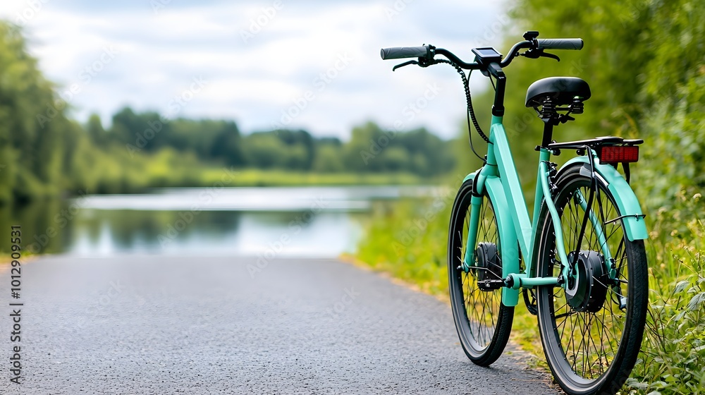 Fototapeta premium Electric bike journey, vibrant landscapes, winding paths, fresh air, eco-friendly travel, urban exploration, scenic views, adventure on wheels