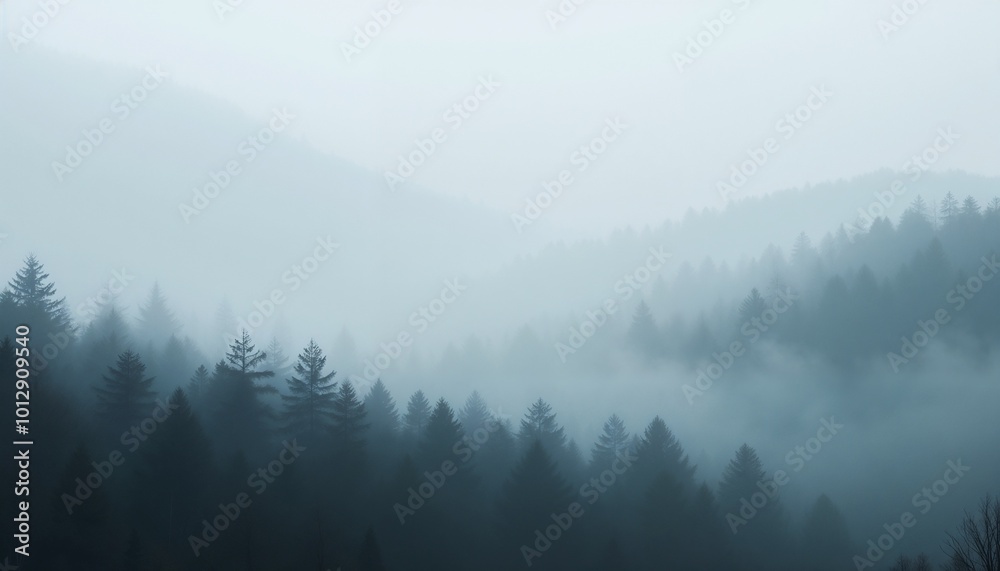 Fototapeta premium Atmospheric fog background with soft gray mist enveloping a tranquil forest landscape, creating a mystical vibe
