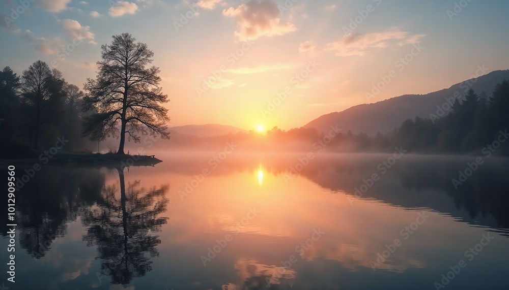 Fototapeta premium Calm lake reflection background with serene water mirroring tree silhouettes at sunset creating a soothing atmosphere