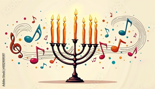 Cartoon illustration of a menorah surrounded by swirling musical notes in bright and cheerful colors