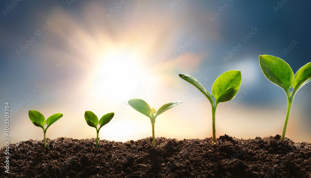 Young plant growth from spouts on black soil against shiny sun rays on background Young plant growth from spouts on black soil against shiny sun rays on background