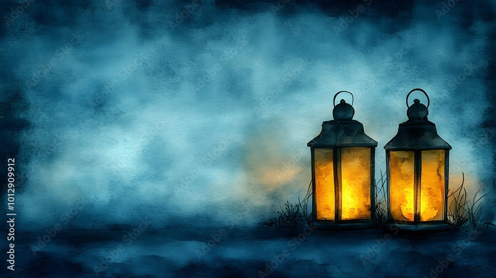 Close-up of glowing lanterns and a bubbling cauldron with dry ice fog, surrounded by spider webs and skeleton decorations, watercolor illustration Close-up of glowing lanterns and a bubbling cauldron with dry ice fog, surrounded by spider webs and skeleton decorations, watercolor illustration