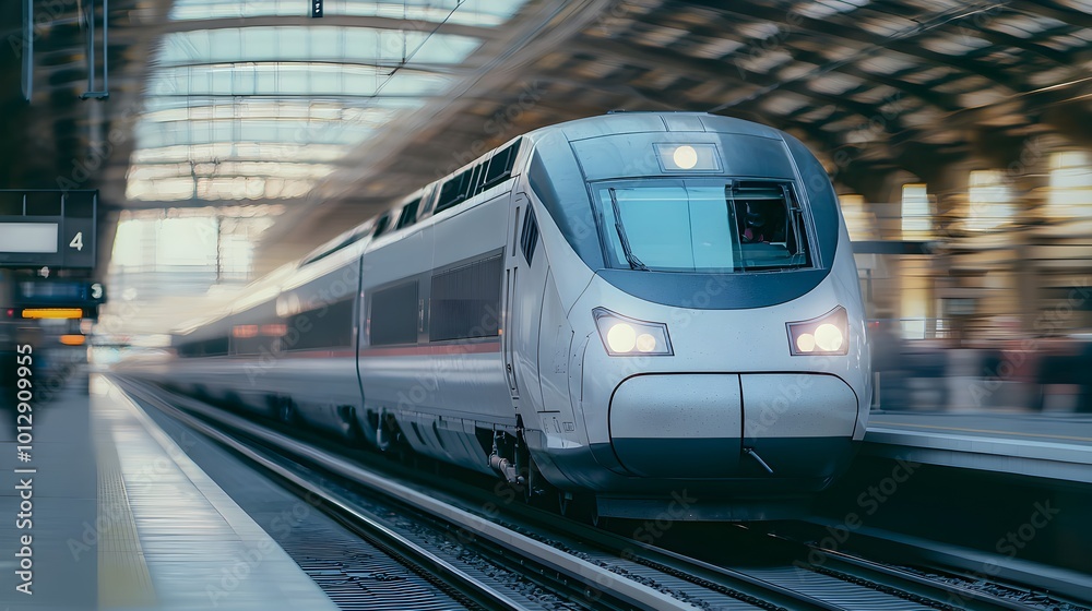 Fototapeta premium High-speed train approaches a sleek modern station, commuters eagerly awaiting arrival, dynamic urban atmosphere, advanced transportation hub