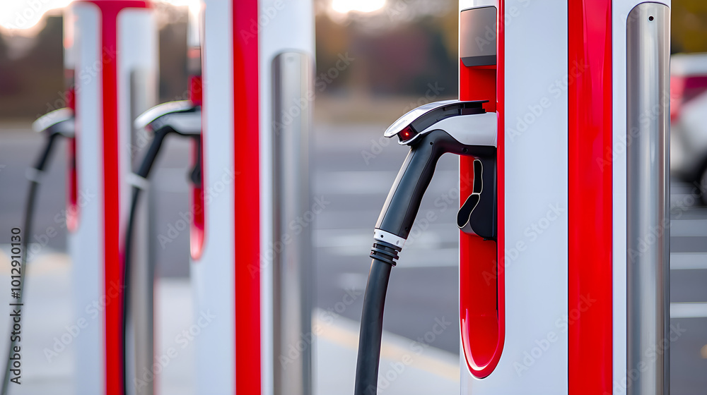 High-tech electric vehicle charging stations, modern design, urban environment, sustainable energy solutions, innovative technology integration