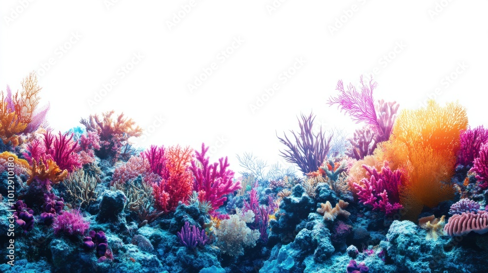 Fototapeta premium Tropical underwater coral reef landscape in vivid colors, isolated on white