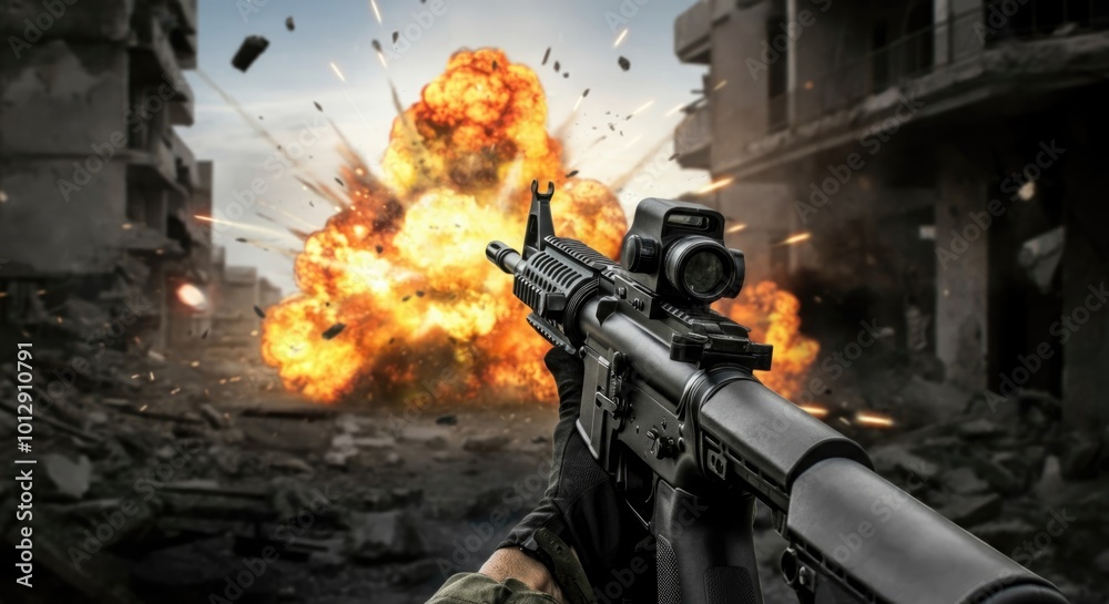 Explosive Combat Scene with Armed Soldier Amidst Urban Destruction in Video Game Explosive Combat Scene with Armed Soldier Amidst Urban Destruction in Video Game