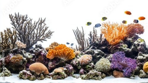 Fototapeta Naklejka Na Ścianę i Meble -  Vibrant coral reef ecosystem with diverse species of coral and fish, isolated on white