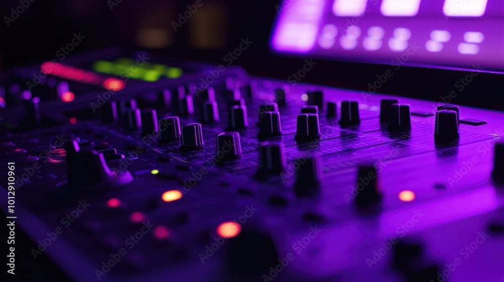 Close-up of Sound Mixer Console in a Studio with Purple Lighting