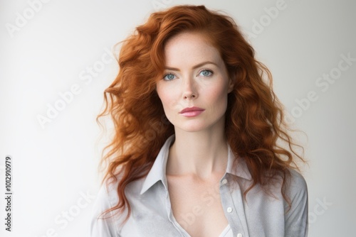 Portrait of beautiful young redhead woman with freckles on face