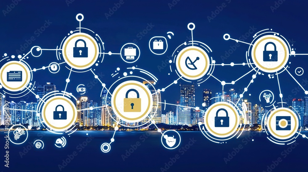 Abstract network of security and protection icons over cityscape background. Abstract network of security and protection icons over cityscape background.