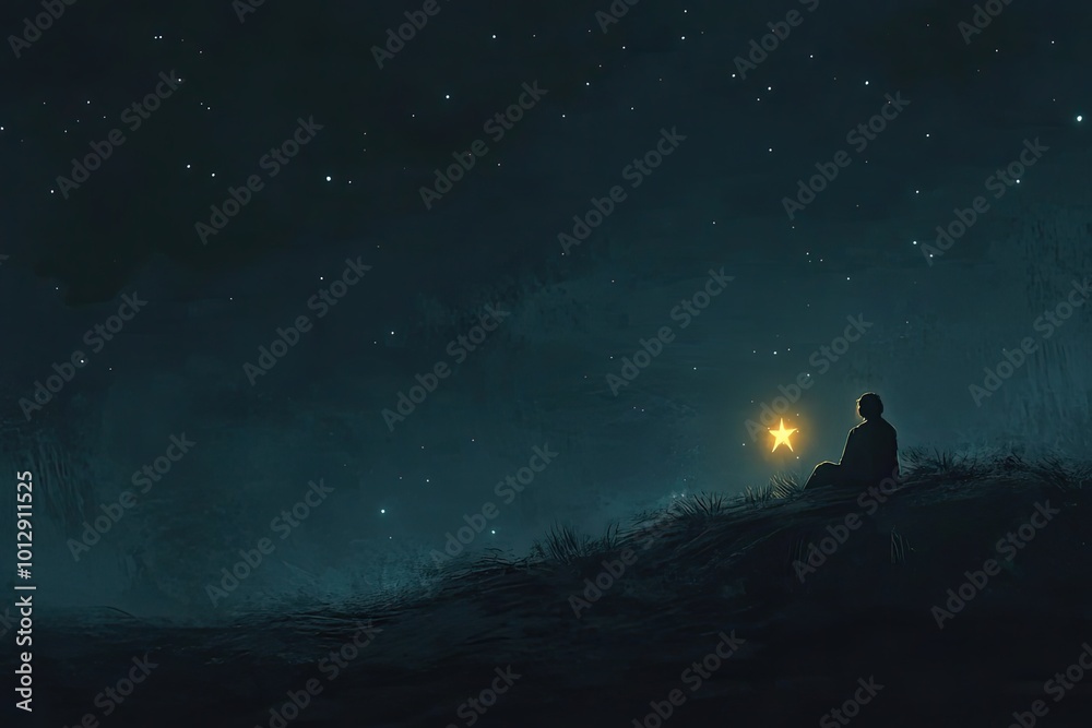 A Solitary Figure Gazing Up at a Bright Star in a Night Sky Filled with Stars A Solitary Figure Gazing Up at a Bright Star in a Night Sky Filled with Stars