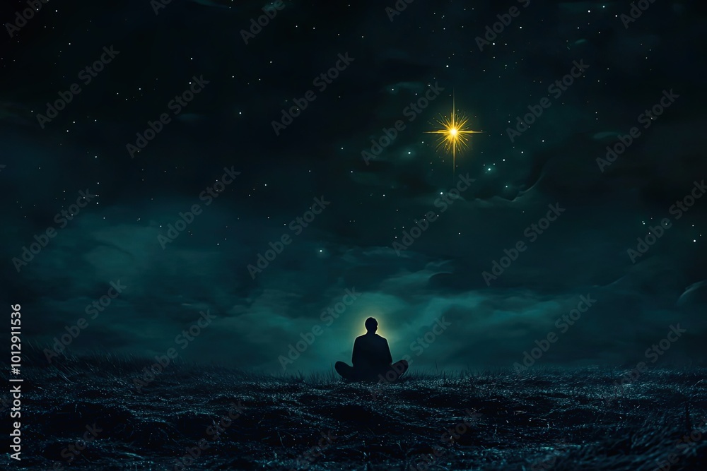 Silhouette of a Person Contemplating a Bright Star in the Night Sky Silhouette of a Person Contemplating a Bright Star in the Night Sky
