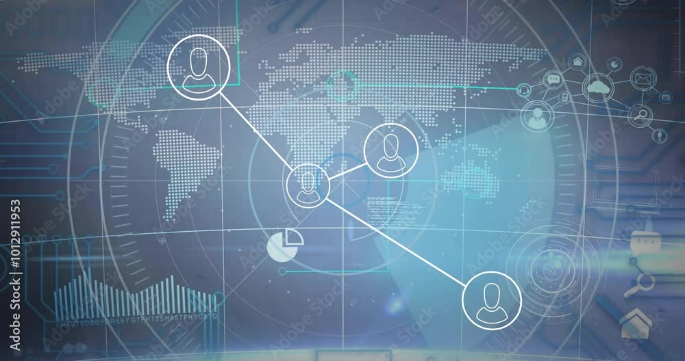 Animation of scope scanning with connections over world map on blue background