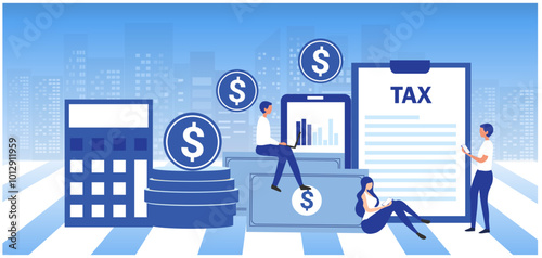 Online tax filing concept, businessman filling tax form documents online vector illustration 