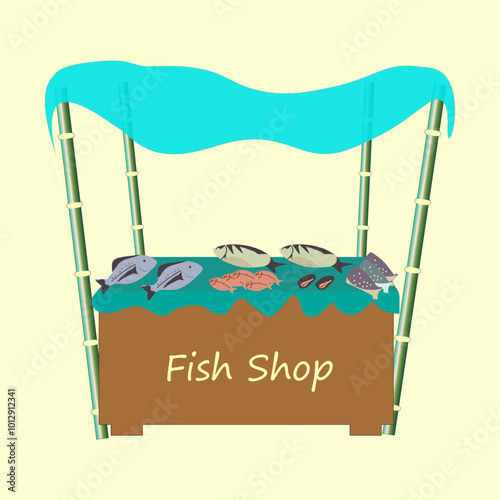 Indian street fish shop or fish vendor shop vector, illustration. Local village fish shop illustration.