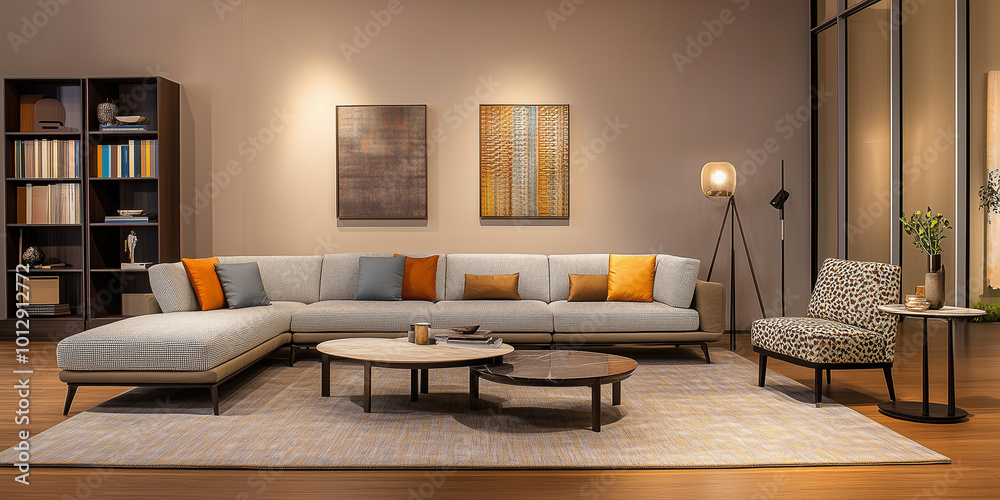 Schönes gemütliches Wohnzimmer, modern, stilvoll, entspannend, mit einem L-förmigen Sofa in Kakhi-Farbe, einem Couchtisch aus exotischem Marmor Schönes gemütliches Wohnzimmer, modern, stilvoll, entspannend, mit einem L-förmigen Sofa in Kakhi-Farbe, einem Couchtisch aus exotischem Marmor