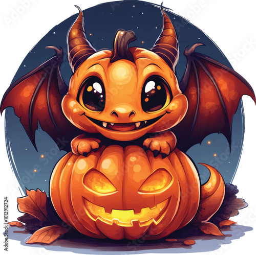 Cute pumpkin hallowen dracula with A cartoon dragon with its mouth wide open and teeth showing