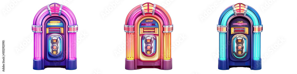 A Classic, Colorful Jukebox With Neon Lights in Cartoon Style. Isolated on a Transparent Background. Cutout PNG. A Classic, Colorful Jukebox With Neon Lights in Cartoon Style. Isolated on a Transparent Background. Cutout PNG.