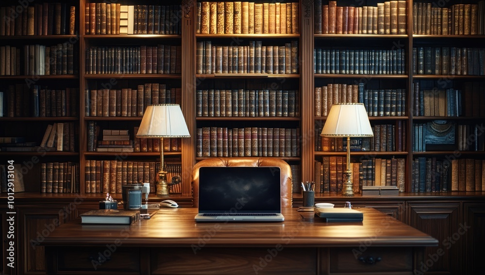 Library Desk with Laptop and Books Library Desk with Laptop and Books