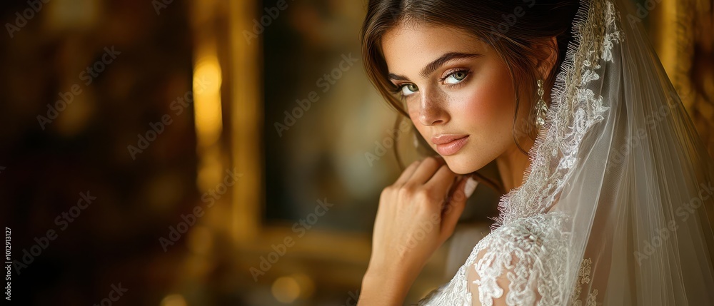 Elegant bride portrait with intricate veil and stunning makeup in a beautifully styled setting, radiating love and joy. Elegant bride portrait with intricate veil and stunning makeup in a beautifully styled setting, radiating love and joy.