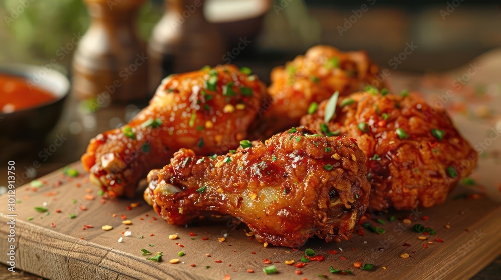 a wooden cutting board topped with chicken wings covered in sauce a wooden cutting board topped with chicken wings covered in sauce