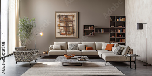 Schönes gemütliches Wohnzimmer, modern, stilvoll, entspannend, mit einem L-förmigen Sofa in Kakhi-Farbe, einem Couchtisch aus exotischem Marmor photo