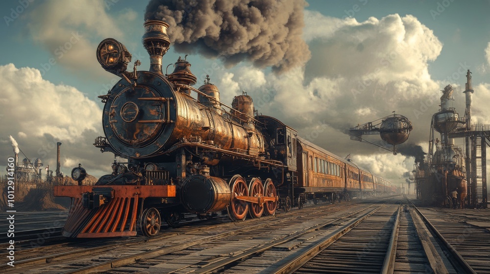 A powerful steam locomotive on a railway track with a dramatic sky and ...