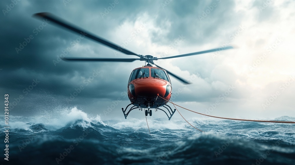 Rescue helicopter hovering over turbulent ocean, dramatic stormy sky above. Rescue helicopter hovering over turbulent ocean, dramatic stormy sky above.
