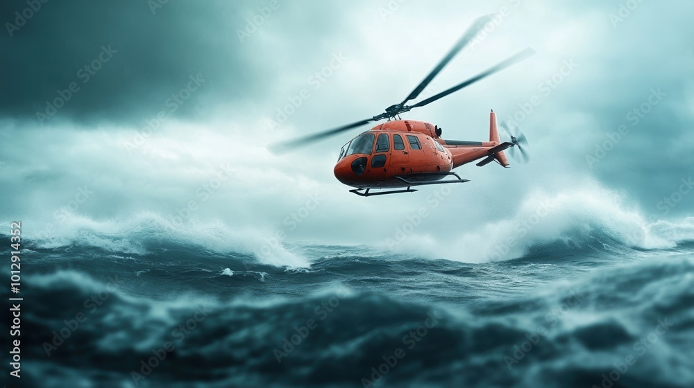 Rescue helicopter hovering over turbulent sea during a stormy weather. Rescue helicopter hovering over turbulent sea during a stormy weather.