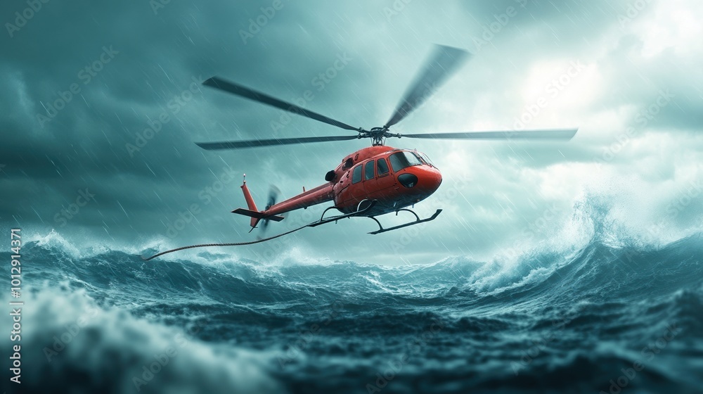 Fototapeta premium Rescue helicopter navigating stormy seas, dramatic sky, intense action shot.