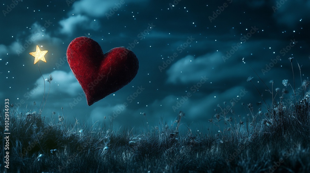 A vibrant red heart floats in the night sky alongside a glowing star, surrounded by delicate stars and clouds. The serene and whimsical mood creates a dreamlike, magical atmosphere perfect for A vibrant red heart floats in the night sky alongside a glowing star, surrounded by delicate stars and clouds. The serene and whimsical mood creates a dreamlike, magical atmosphere perfect for