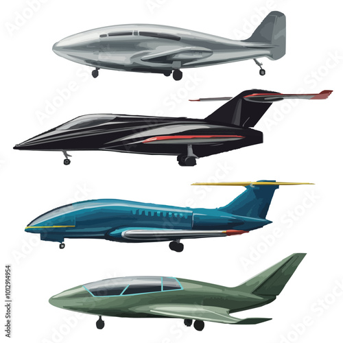 A set of four sleek and modern airplanes designed in minimalist vector style 