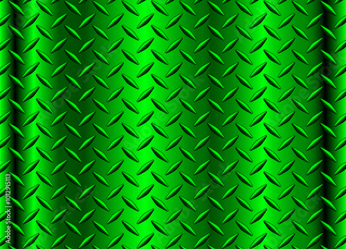 Green chrome metal background with diamond plate texture pattern, shiny metallic texture.