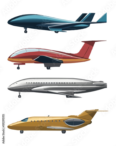 A set of four sleek and modern airplanes designed in minimalist vector style 