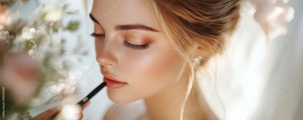 A close-up of a woman applying makeup, showcasing beauty and elegance in a soft, serene environment with natural light. A close-up of a woman applying makeup, showcasing beauty and elegance in a soft, serene environment with natural light.