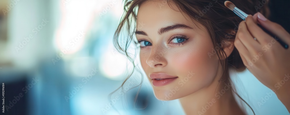 Fototapeta premium A close-up portrait of a woman receiving a makeup application, showcasing natural beauty and a soft, elegant style.