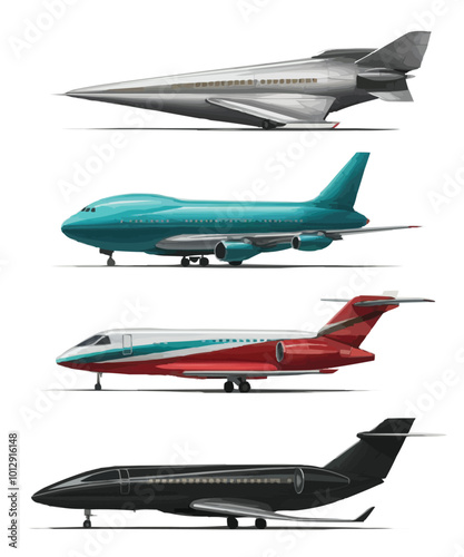 A set of four sleek and modern airplanes designed in minimalist vector style 