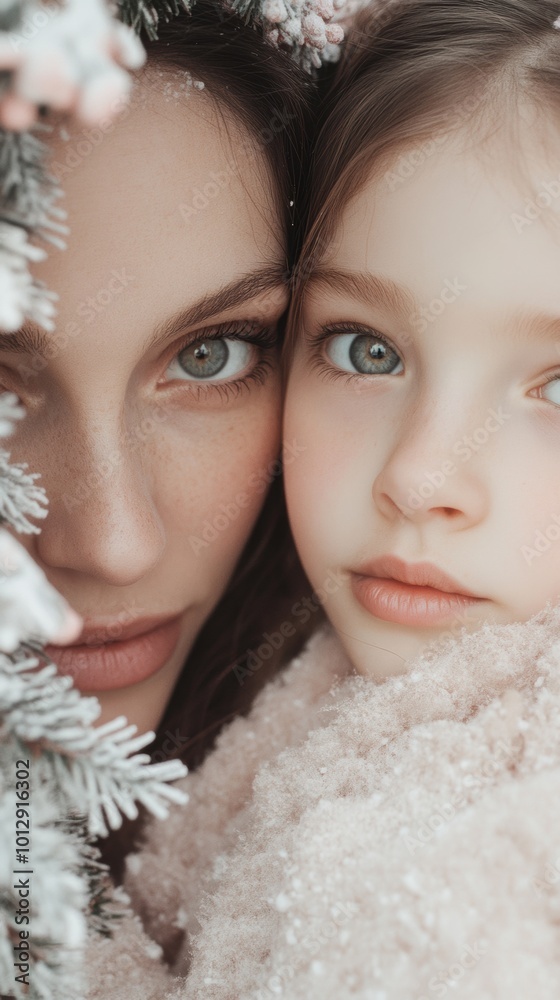 A woman and a little girl are peeking out of a tree A woman and a little girl are peeking out of a tree