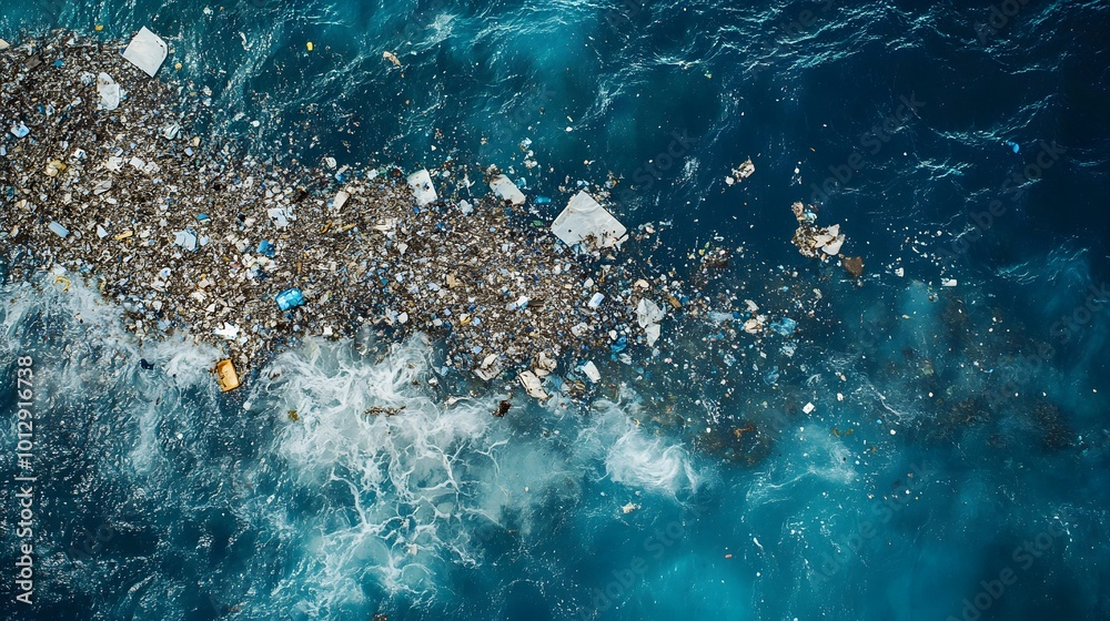 Aerial view of the Indian Ocean polluted by plastic trash, highlighting the environmental impact of floating debris and waste materials on marine ecosystems Aerial view of the Indian Ocean polluted by plastic trash, highlighting the environmental impact of floating debris and waste materials on marine ecosystems