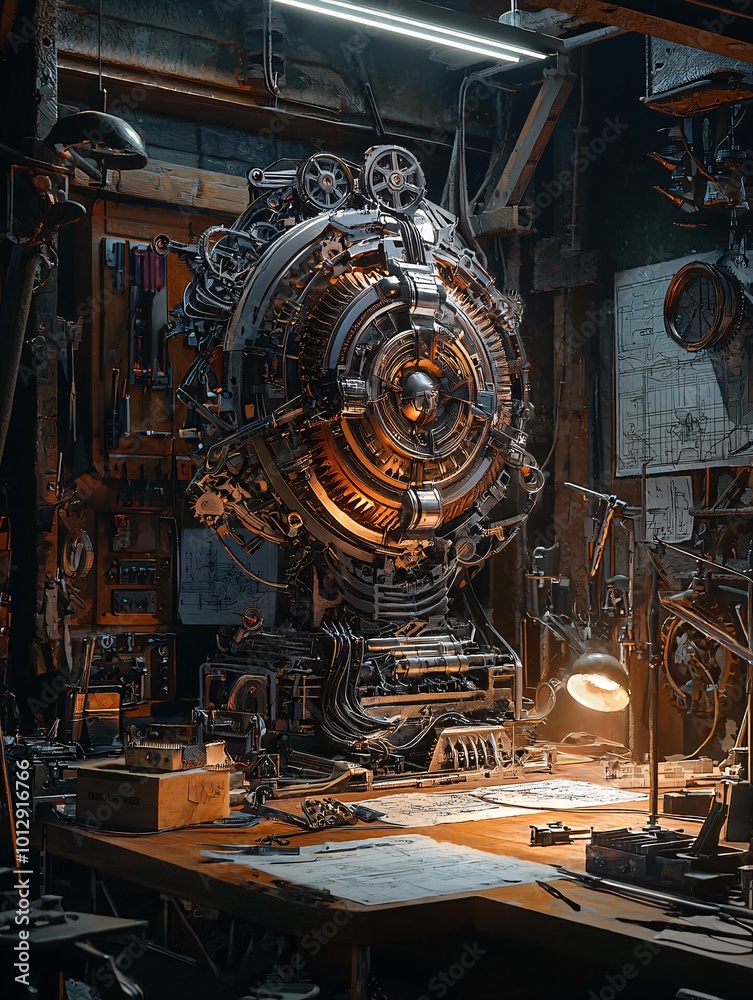 Fototapeta premium A complex metallic destruction device, adorned with detailed mechanisms and surrounded by schematics and tools in a bustling workshop.