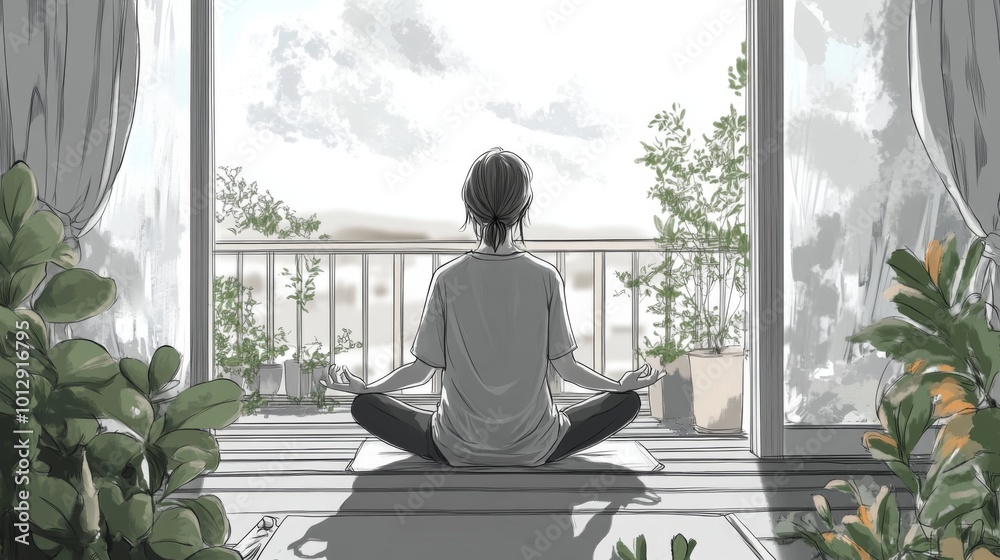 Woman meditating in a peaceful setting with a view of a balcony and nature. Woman meditating in a peaceful setting with a view of a balcony and nature.