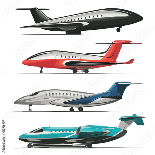 A set of four sleek and modern airplanes designed in minimalist vector style 