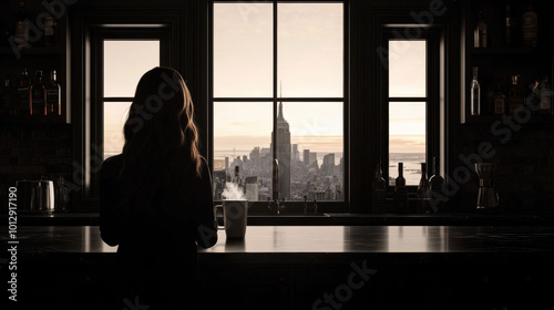 A woman sitting at a bar looking out a window