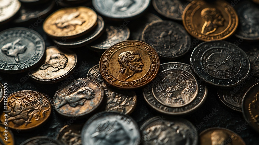 Intricately designed coins lie scattered on a shadowy backdrop, reflecting their rich historical value in a striking image. Intricately designed coins lie scattered on a shadowy backdrop, reflecting their rich historical value in a striking image.