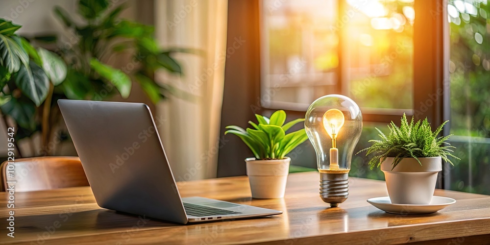 A glowing light bulb, a laptop, and a plant on a wooden table create a serene atmosphere in a home office A glowing light bulb, a laptop, and a plant on a wooden table create a serene atmosphere in a home office