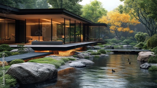Modern house by a serene water feature surrounded by lush greenery.