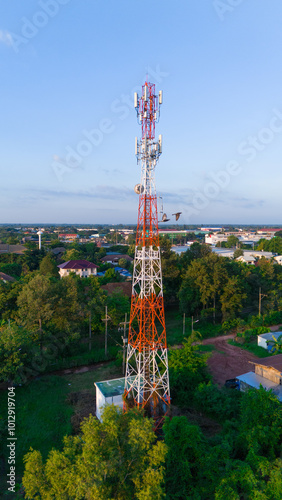 Telecommunication tower of 4G and 5G cellular. Antenna transmission communication. Cell phone signal base station.
